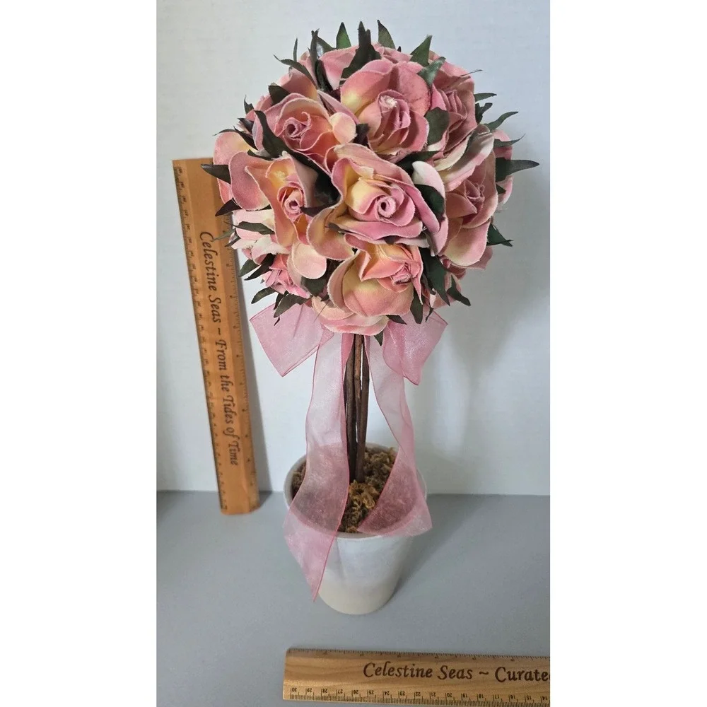 Pink Faux Rose Topiary Arrangement Whitewashed Pot Floral Home Decor 12 Inch